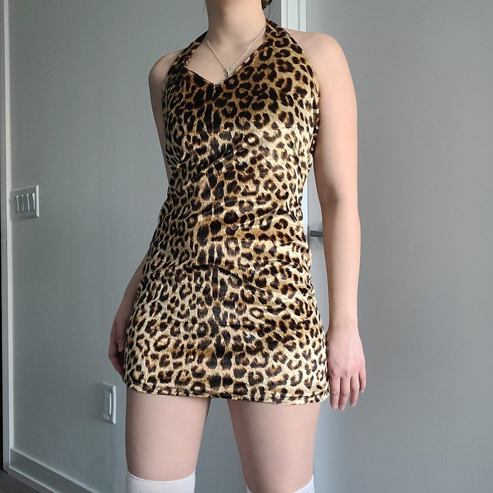 Fever Yellow Leopard Bodycon Halter Mini Dress